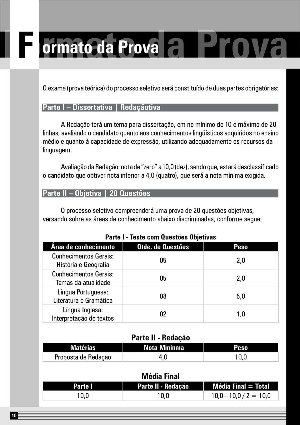 linguagem Avaliação da Redação: nota de zero a 10,0 (dez), sendo que, estará desclassificado o candidato que obtiver nota inferior a 4,0 (quatro), que será a nota mínima exigida Parte II Objetiva 20