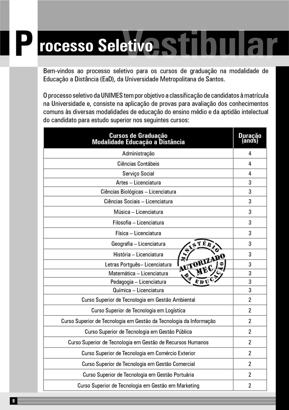 ensino médio e da aptidão intelectual do candidato para estudo superior nos seguintes cursos: Cursos de Graduação Modalidade Educação a Distância Duração (anos) Administração 4 Ciências Contábeis 4