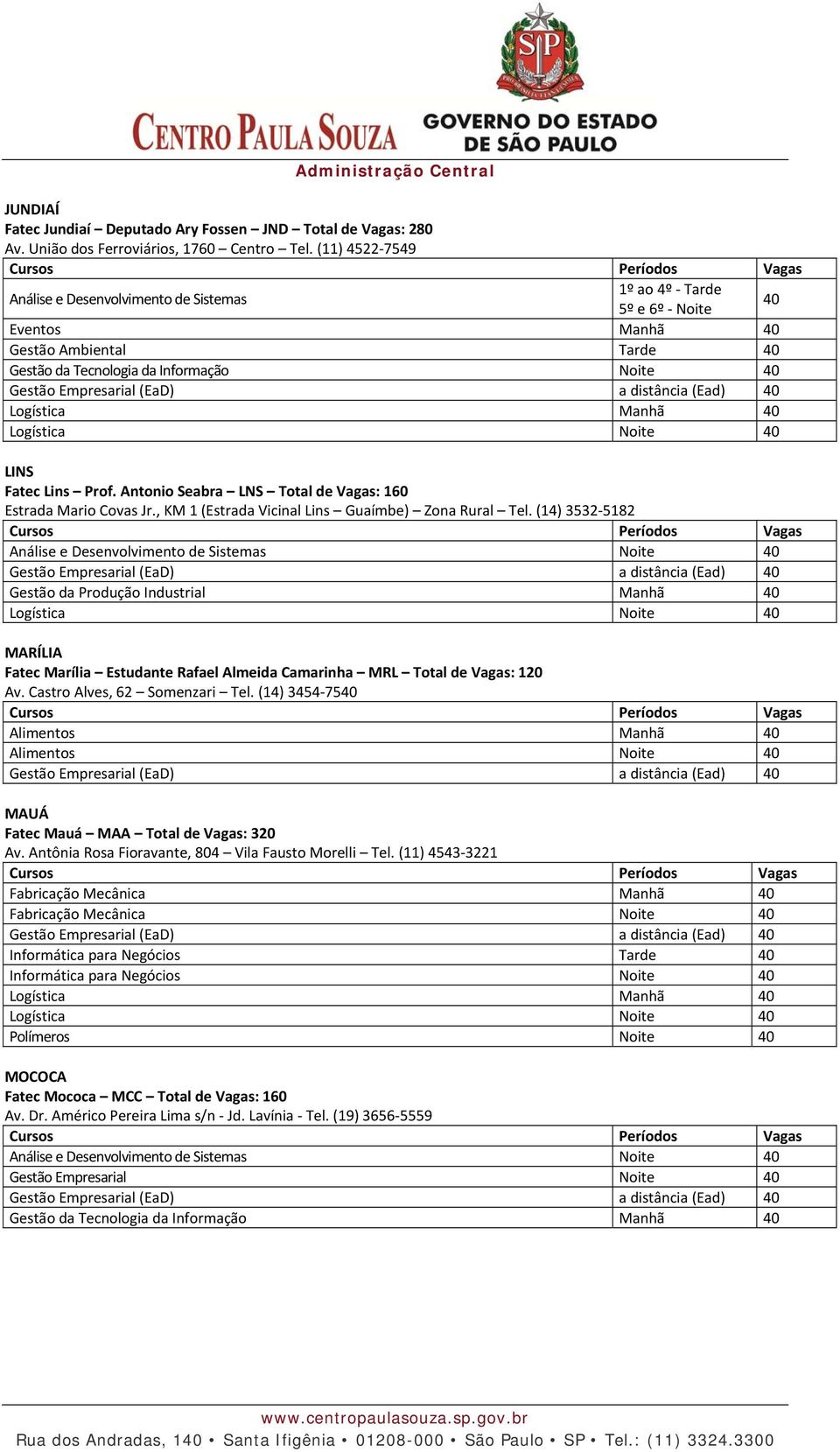 Logística Noite 40 LINS Fatec Lins Prof. Antonio Seabra LNS Total de Vagas: 160 Estrada Mario Covas Jr., KM 1 (Estrada Vicinal Lins Guaímbe) Zona Rural Tel.