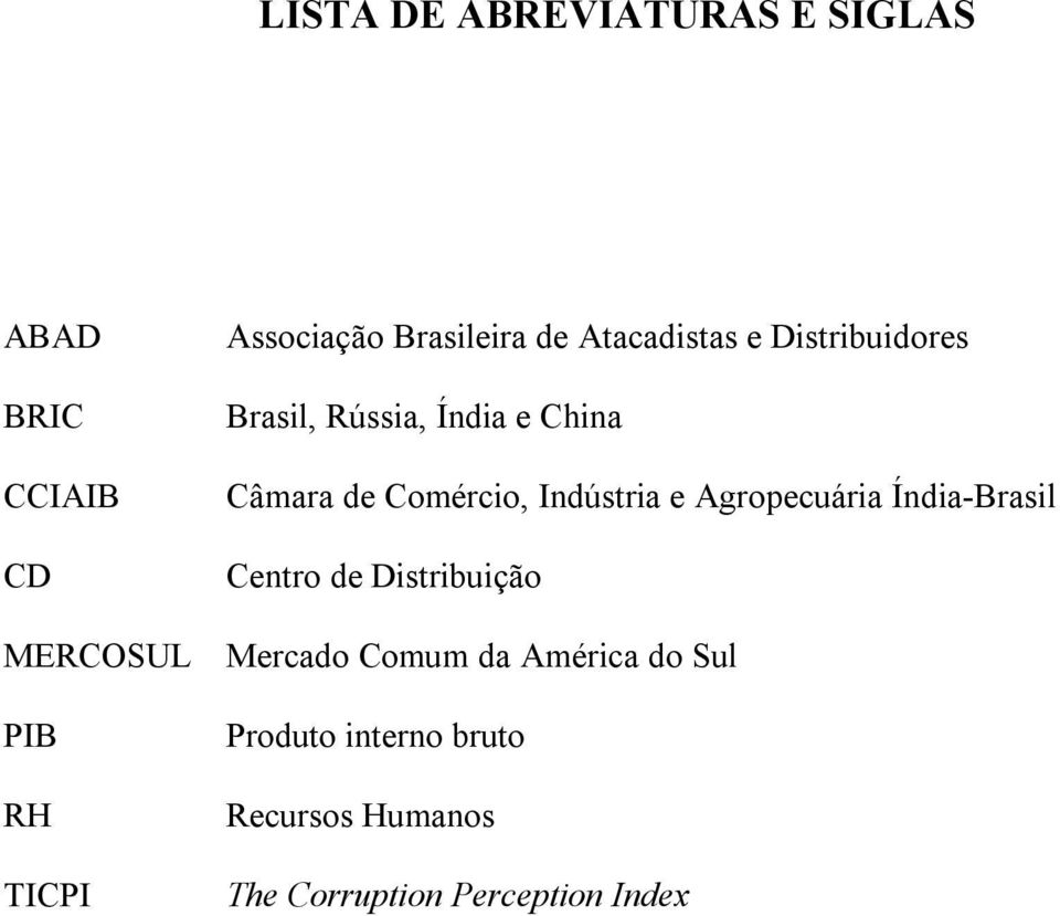 Indústria e Agropecuária Índia-Brasil Centro de Distribuição MERCOSUL Mercado Comum