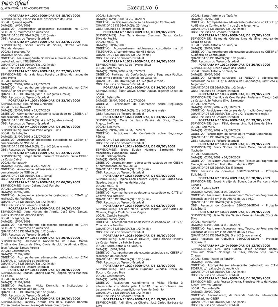 04/08/2009 OBJETIVO: Realizarem Visita Domiciliar à família de adolescente custodiado na UI TELÉGRAFO PORTARIA nº 1005/2009-DAF, de 22/07/2009 SERVIDOR(ES): Maria de Jesus Pereira da Silva, Hernandes