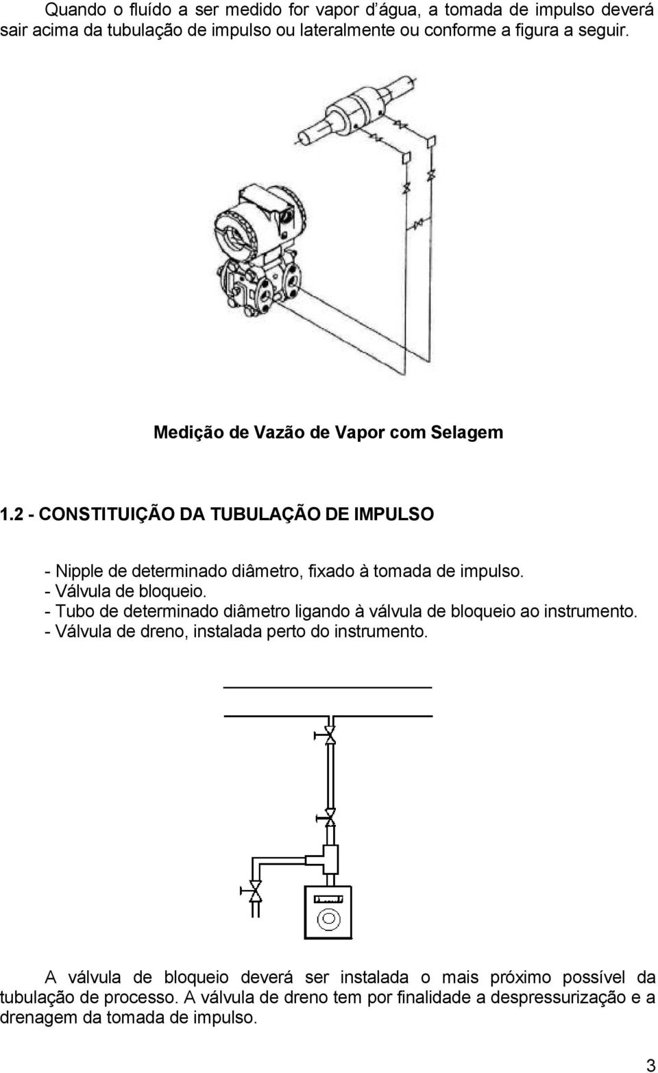 - Válvula de bloqueio. - Tubo de determinado diâmetro ligando à válvula de bloqueio ao instrumento. - Válvula de dreno, instalada perto do instrumento.