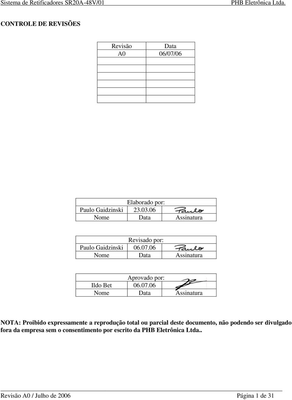 06 Nome Data Assinatura Aprovado por: Ildo Bet 06.07.