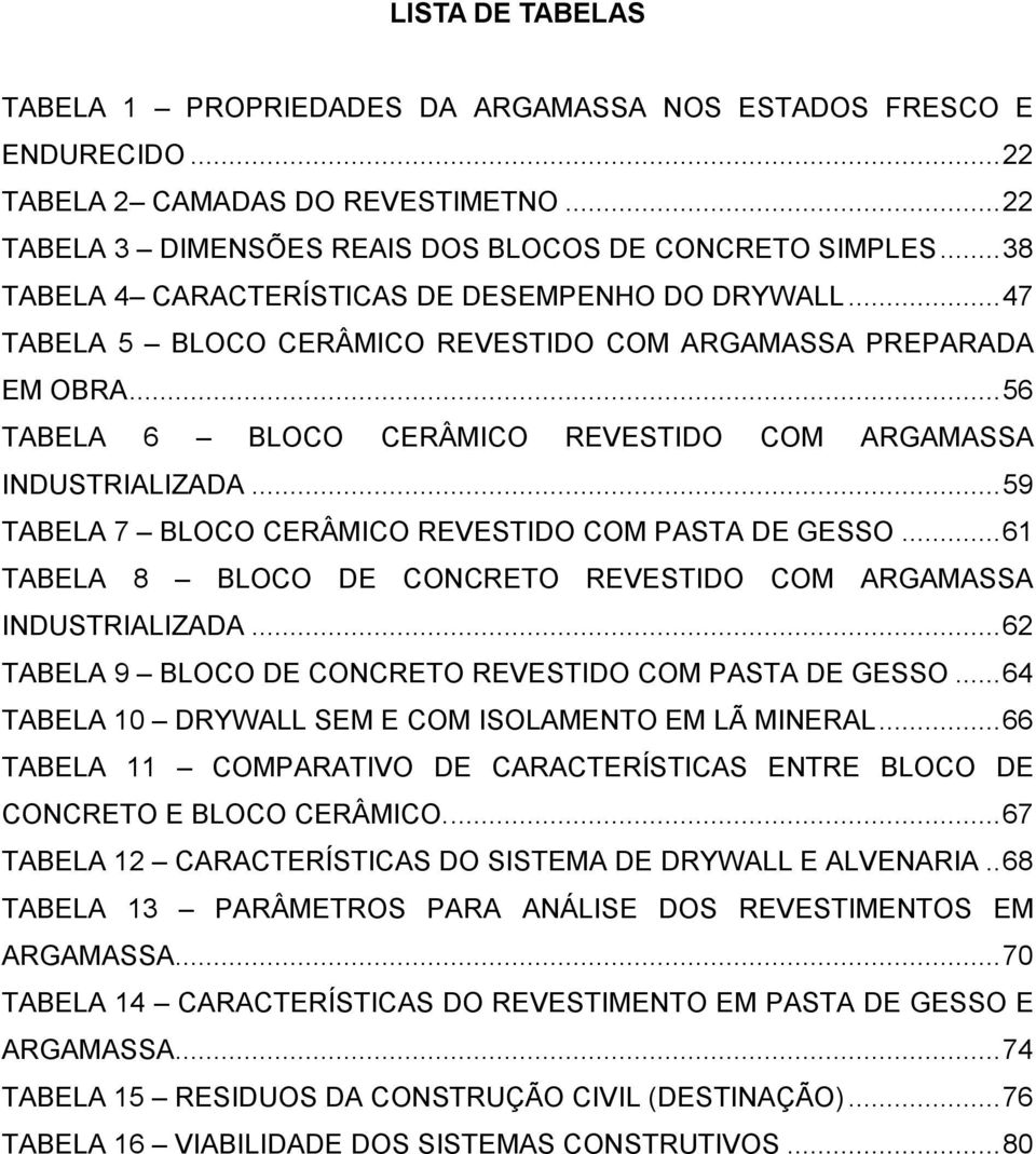 .. 59 TABELA 7 BLOCO CERÂMICO REVESTIDO COM PASTA DE GESSO... 61 TABELA 8 BLOCO DE CONCRETO REVESTIDO COM ARGAMASSA INDUSTRIALIZADA... 62 TABELA 9 BLOCO DE CONCRETO REVESTIDO COM PASTA DE GESSO.