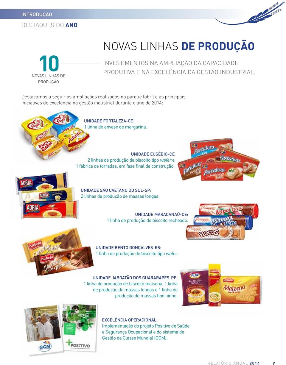 margarina. UNIDADE EUSÉBIO-CE 2 linhas de produção de biscoito tipo wafer e 1 fábrica de torradas, em fase final de construção. UNIDADE SÃO CAETANO DO SUL-SP: 2 linhas de produção de massas longas.