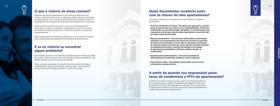 proprietários (também eleita em assembleia) e de uma equipe de profissionais da engenharia da construtora. Quais documentos receberei junto com as chaves do meu apartamento?