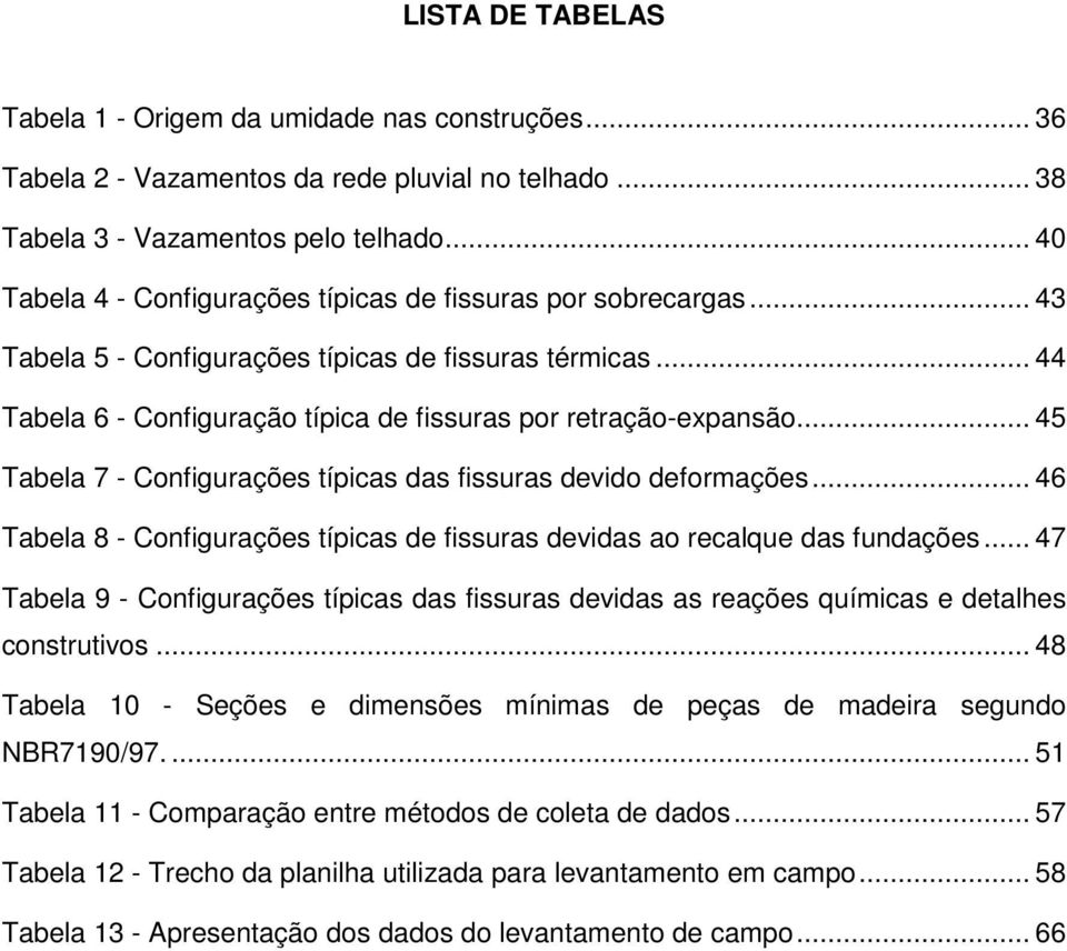 .. 45 Tabela 7 - Configurações típicas das fissuras devido deformações... 46 Tabela 8 - Configurações típicas de fissuras devidas ao recalque das fundações.