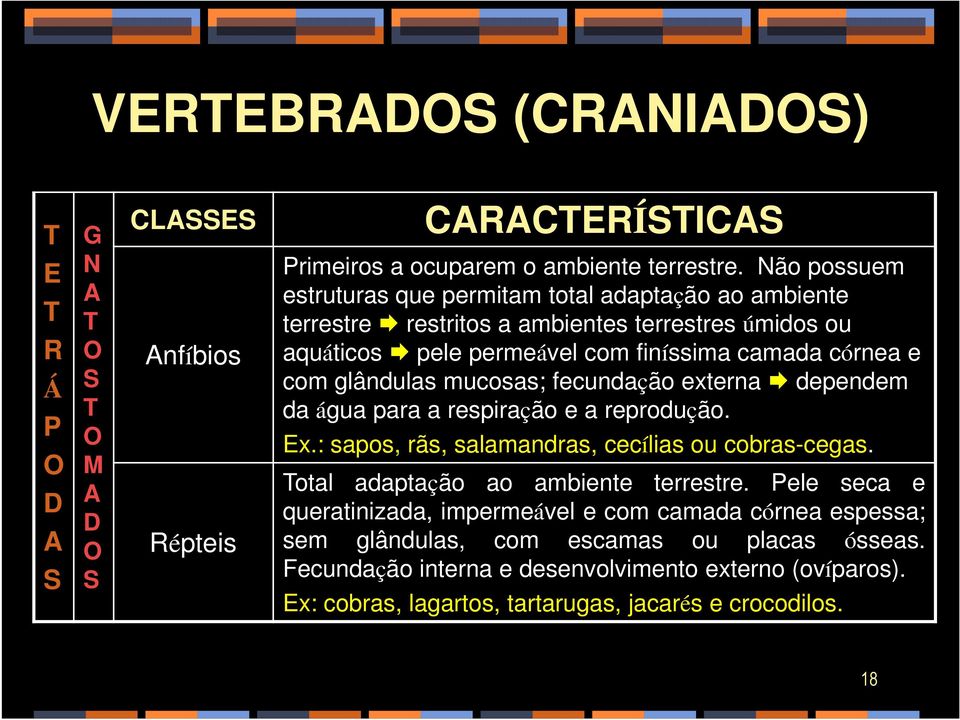 mucosas; fecundação externa dependem da água para a respiração e a reprodução. Ex.: sapos, rãs, salamandras, cecílias ou cobras-cegas. Total adaptação ao ambiente terrestre.
