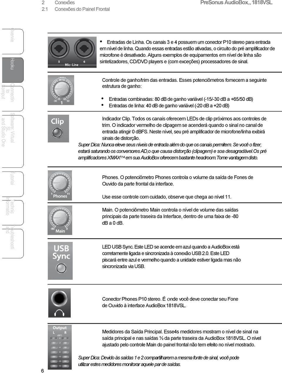 Alguns exemplos de equipamens em nível de linha são sintetizadores, CD/DVD players e (com exceções) processadores de sinal. Controle de ganho/trim das entradas.