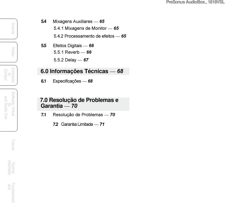 0 Informações Técnicas 68 6.1 Especificações 68 7.