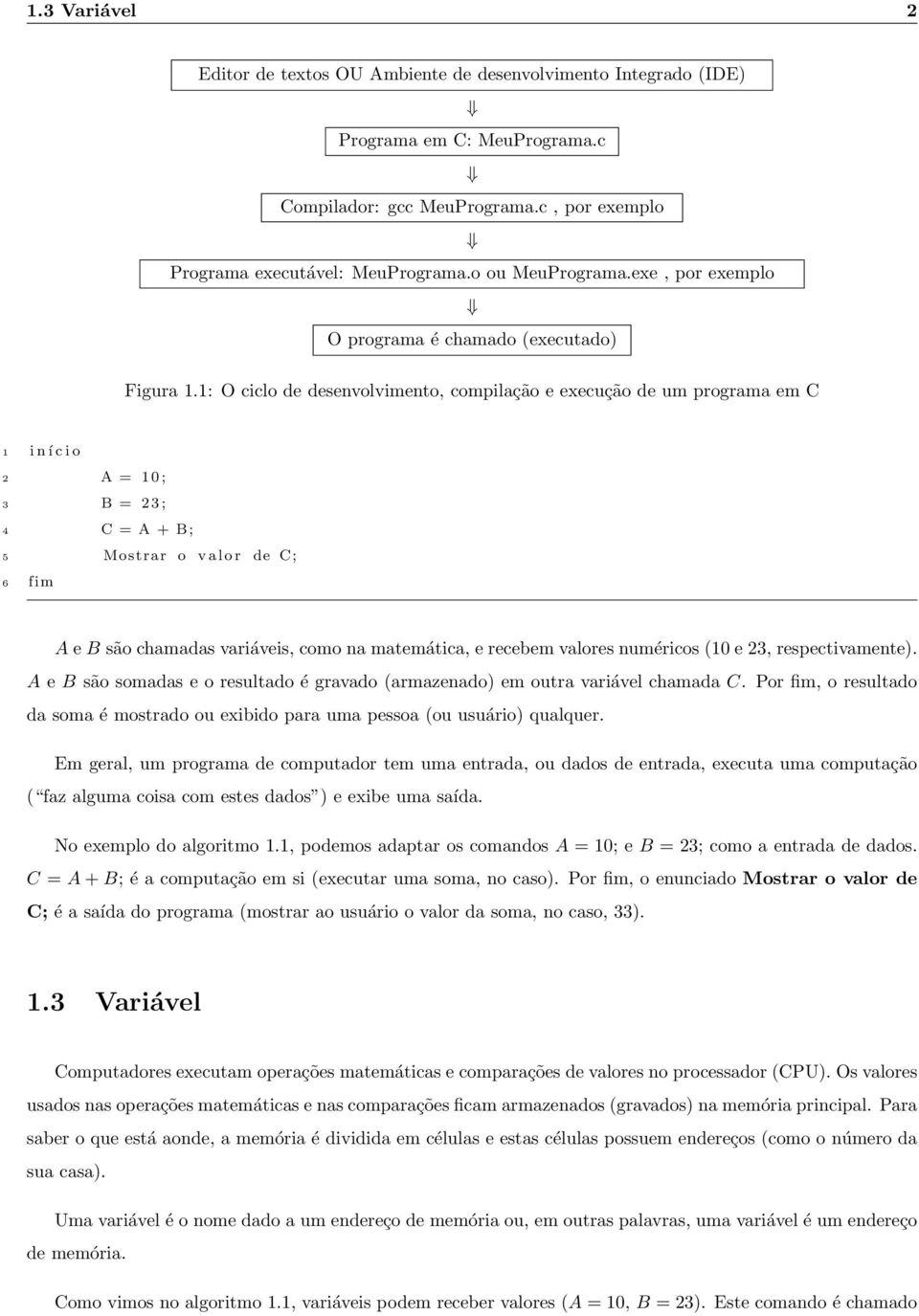 1: O ciclo de desenvolvimento, compilação e execução de um programa em C 1 i n í c i o A = 1 0 ; 3 B = 3 ; 4 C = A + B; 5 Mostrar o v a l o r de C; 6 fim A e B são chamadas variáveis, como na