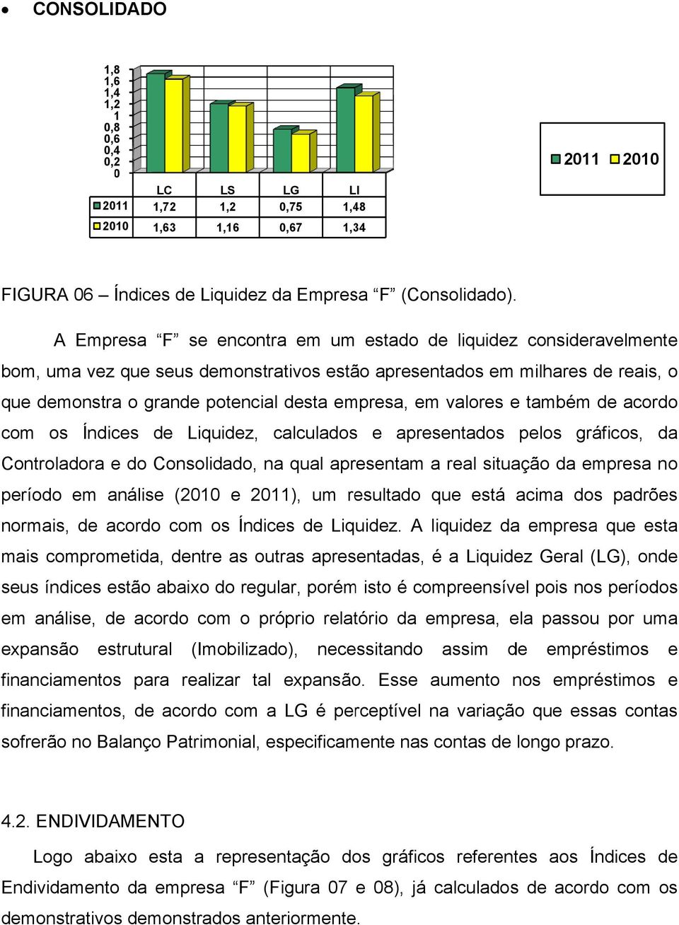 valores e também de acordoo com os Índices de Liquidez, calculados e apresentados pelos gráficos, da Controladora e do Consolidado, na qual apresentam a real situação da empresa no período em análise