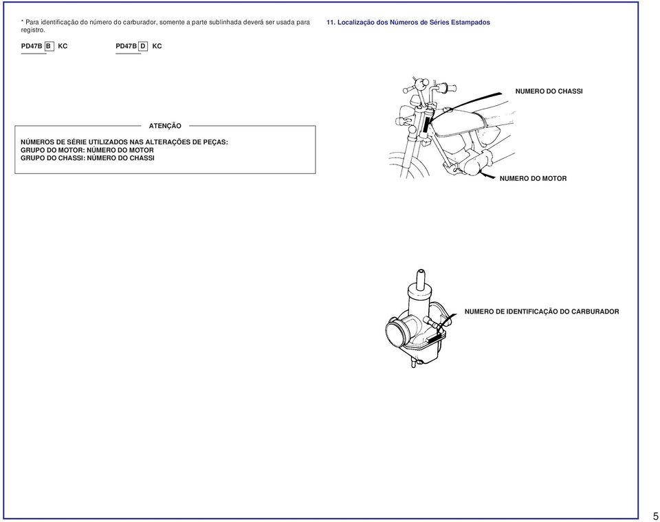 Localização dos Números de Séries Estampados PD47B B KC PD47B D KC NUMERO DO CHASSI ATENÇÃO