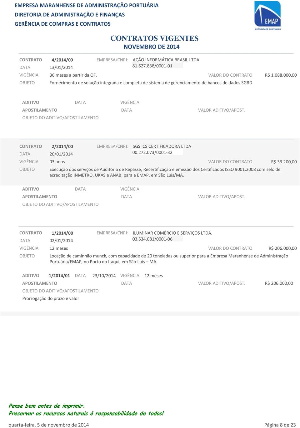 000,00 CONTRATO 2/2014/00 20/01/2014 03 anos SGS ICS CERTIFICADORA LTDA 00.272.073/0001-32 VALOR DO CONTRATO R$ 33.