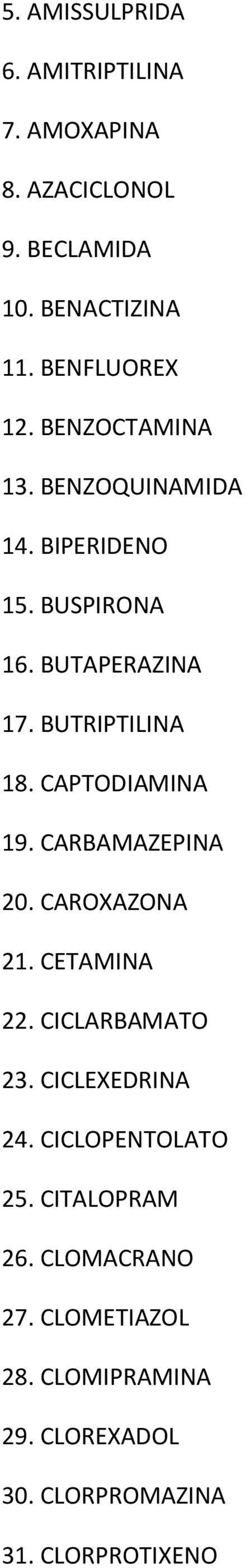 CAPTODIAMINA 19. CARBAMAZEPINA 20. CAROXAZONA 21. CETAMINA 22. CICLARBAMATO 23. CICLEXEDRINA 24.