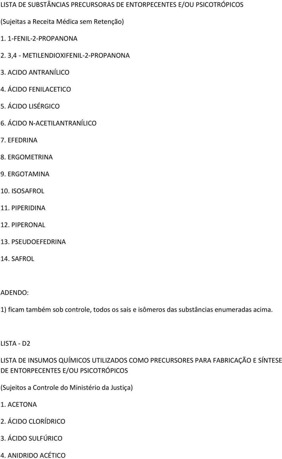 PSEUDOEFEDRINA 14. SAFROL ADENDO: 1) ficam também sob controle, todos os sais e isômeros das substâncias enumeradas acima.