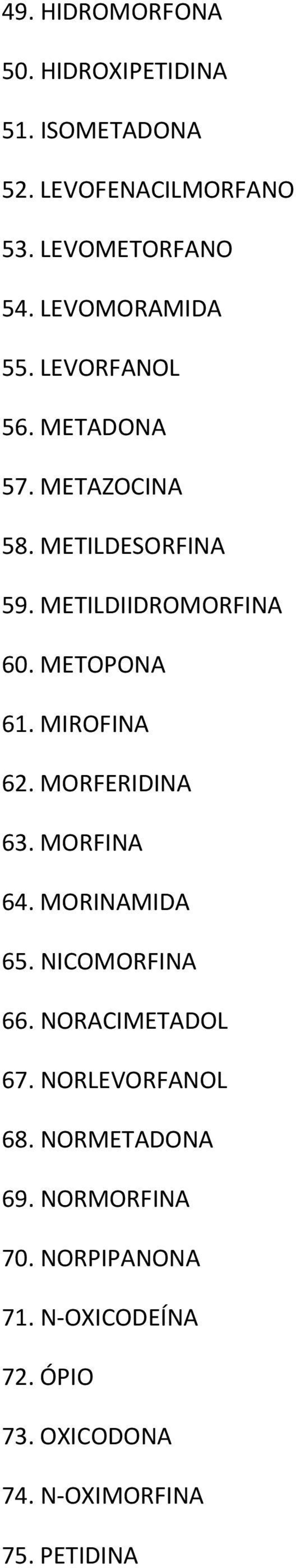 METOPONA 61. MIROFINA 62. MORFERIDINA 63. MORFINA 64. MORINAMIDA 65. NICOMORFINA 66. NORACIMETADOL 67.