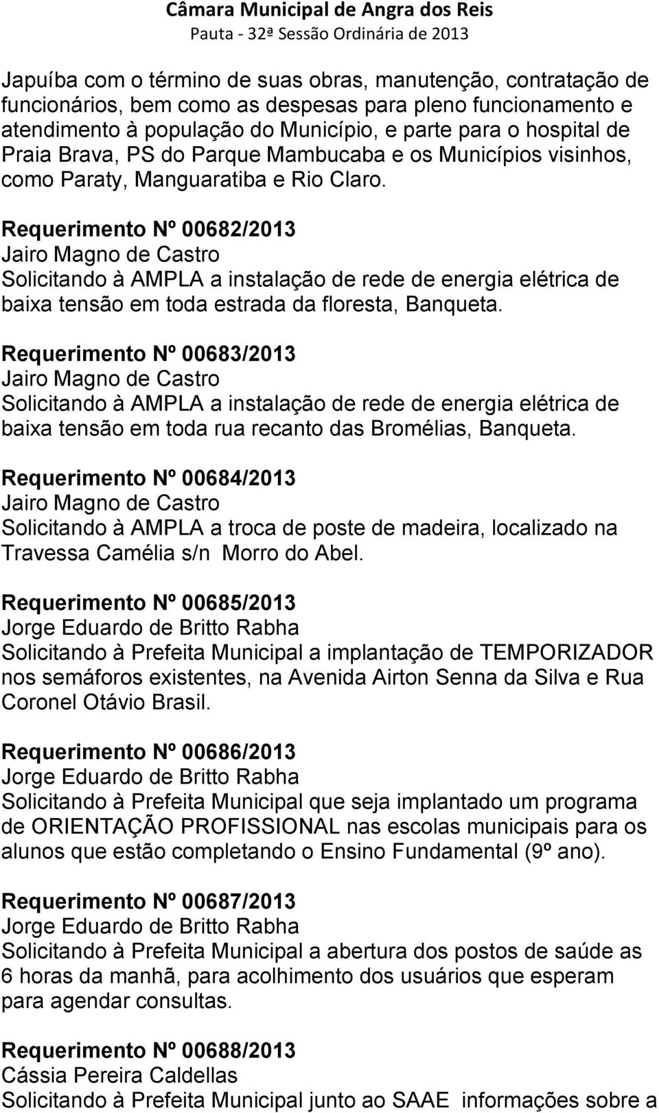 Requerimento Nº 00682/2013 Jairo Magno de Castro Solicitando à AMPLA a instalação de rede de energia elétrica de baixa tensão em toda estrada da floresta, Banqueta.