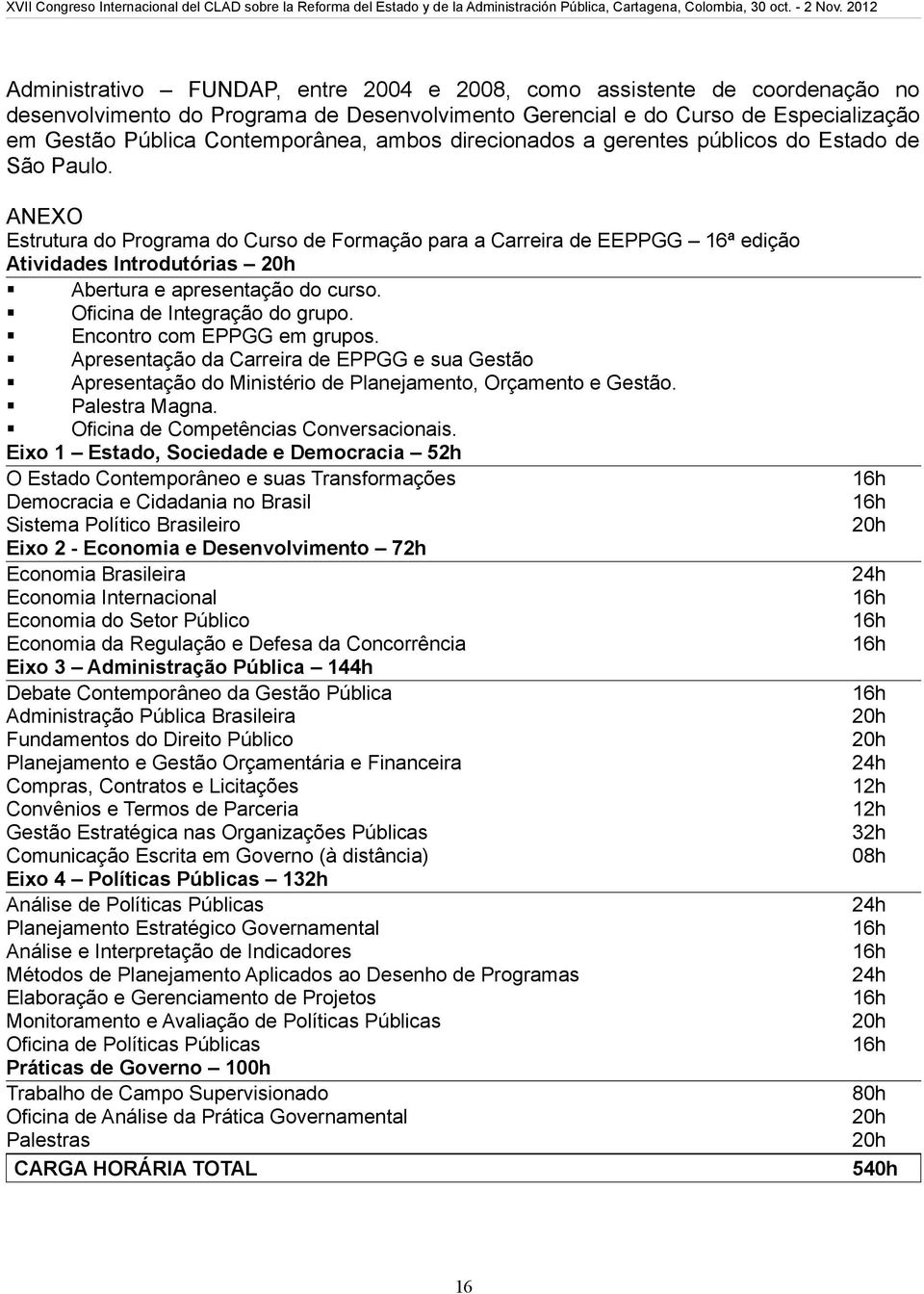 ANEXO Estrutura do Programa do Curso de Formação para a Carreira de EEPPGG 16ª edição Atividades Introdutórias 20h Abertura e apresentação do curso. Oficina de Integração do grupo.