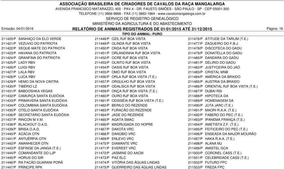 DO PATRIOTA 211452/P OCRE RJF BOA VISTA 211480/P DANDARA DO GADU 211425/P LADY RBV 211453/P OLINTO RJF BOA VISTA 211481/P DELIRIO DO GADU 211426/P LUIGI RBV 211454/P OASIS RJF BOA VISTA 211482/P