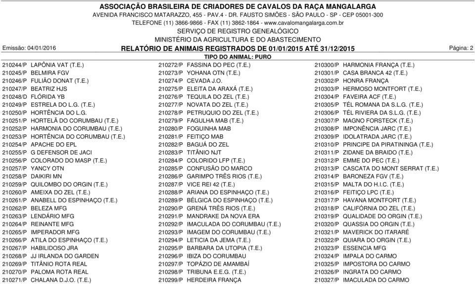 E.) 210304/P FAVEIRA ACF (T.E.) 210249/P ESTRELA DO L.G. (T.E.) 210277/P NOVATA DO ZEL (T.E.) 210305/P TÉL ROMANA DA S.L.G. (T.E.) 210250/P HORTÊNCIA DO L.G. 210278/P PETRUQUIO DO ZEL (T.E.) 210306/P TÉL RIVIERA DA S.