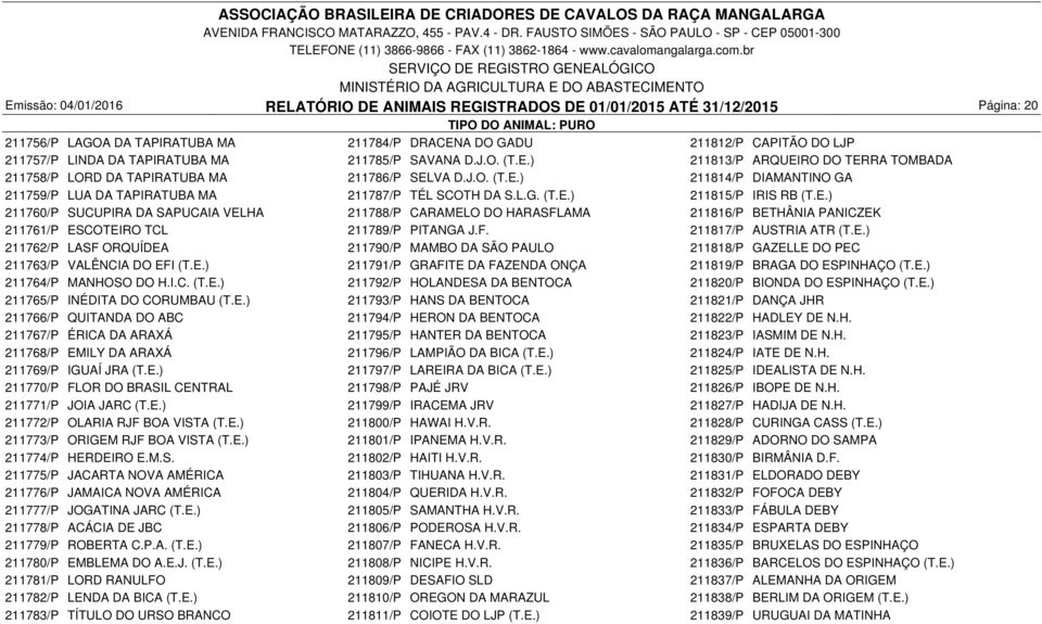 L.G. (T.E.) 211815/P IRIS RB (T.E.) 211760/P SUCUPIRA DA SAPUCAIA VELHA 211788/P CARAMELO DO HARASFLAMA 211816/P BETHÂNIA PANICZEK 211761/P ESCOTEIRO TCL 211789/P PITANGA J.F. 211817/P AUSTRIA ATR (T.