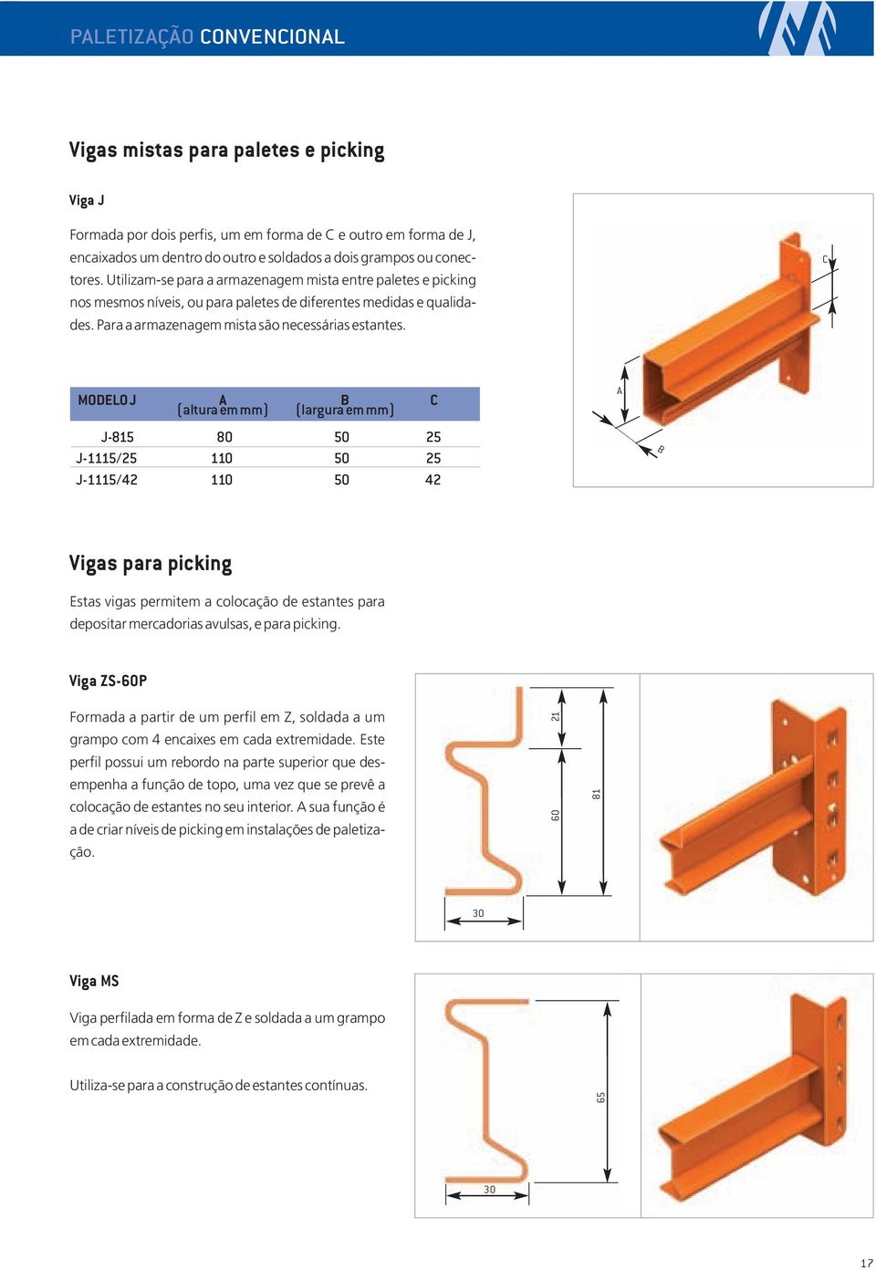 C MODELO J A B C (altura em mm) (largura em mm) J-815 80 50 25 J-1115/25 110 50 25 J-1115/42 110 50 42 A B Vigas para picking Estas vigas permitem a colocação de estantes para depositar mercadorias