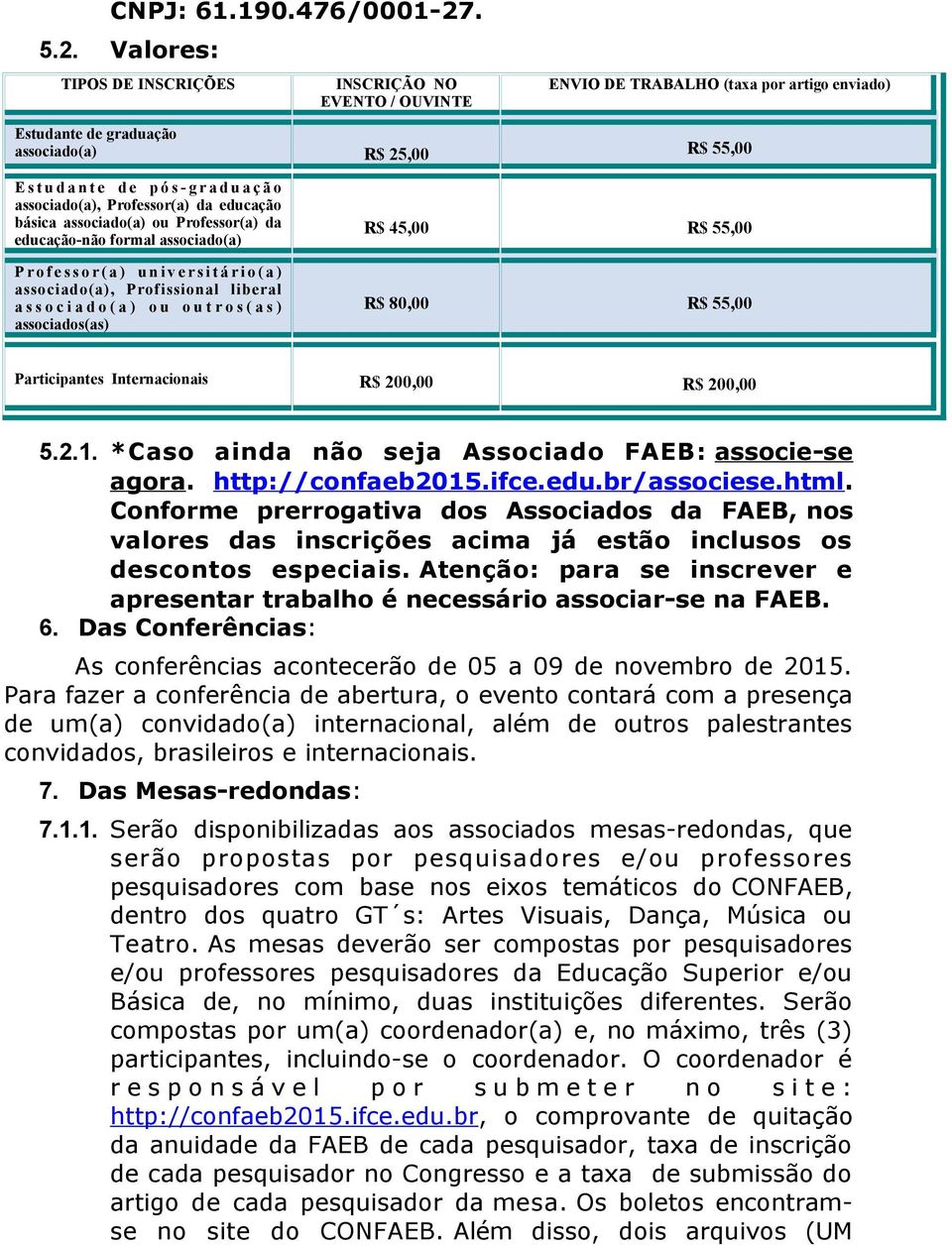 Valores: TIPOS DE INSCRIÇÕES INSCRIÇÃO NO EVENTO / OUVINTE ENVIO DE TRABALHO (taxa por artigo enviado) Estudante de graduação associado(a) R$ 25,00 R$ 55,00 E s t u d a n t e d e p ó s - g r a d u a