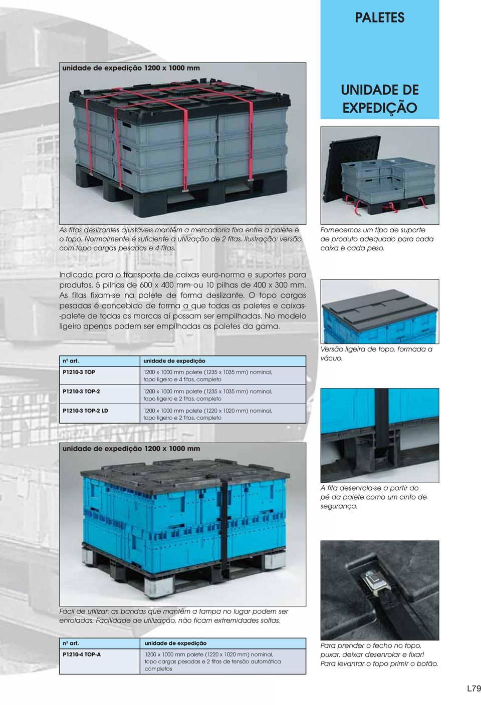 Indicada para o transporte de caixas euro-norma e suportes para produtos, 5 pilhas de 600 x 400 mm ou 10 pilhas de 400 x 300 mm. As fitas fixam-se na palete de forma deslizante.