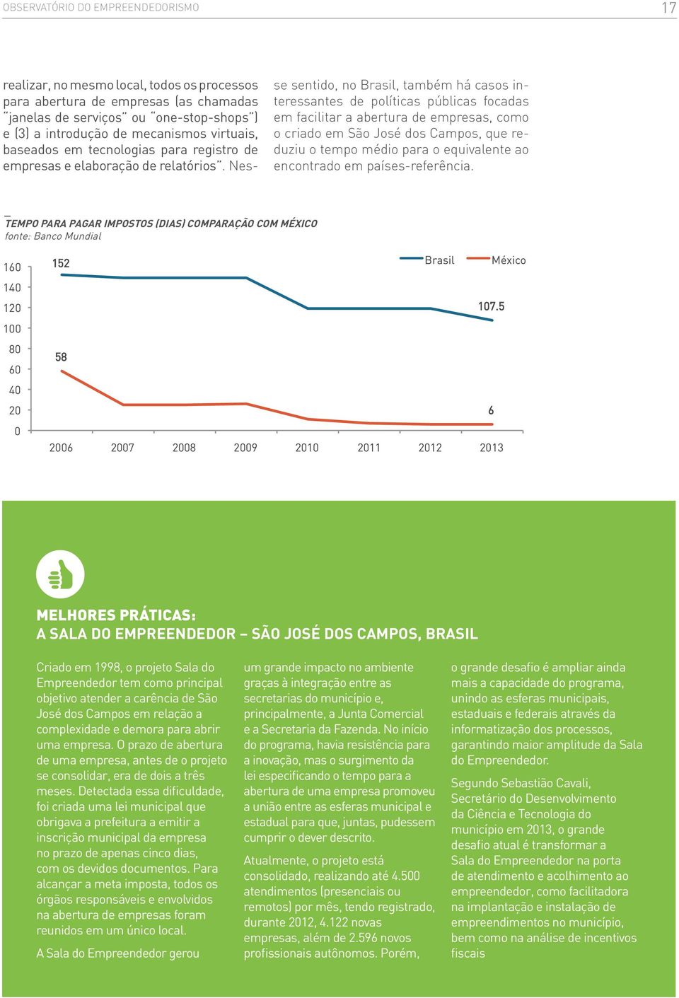 Nes- 40 se sentido, no Brasil, também há casos interessantes de políticas públicas focadas em facilitar a abertura de empresas, como o criado em São José dos Campos, que reduziu o tempo médio para o
