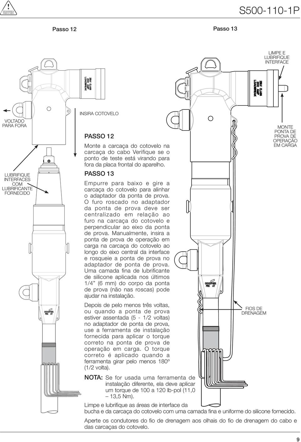 O furo roscado no adaptador da ponta de prova deve ser centralizado em relação ao furo na carcaça do cotovelo e perpendicular ao eixo da ponta de prova.