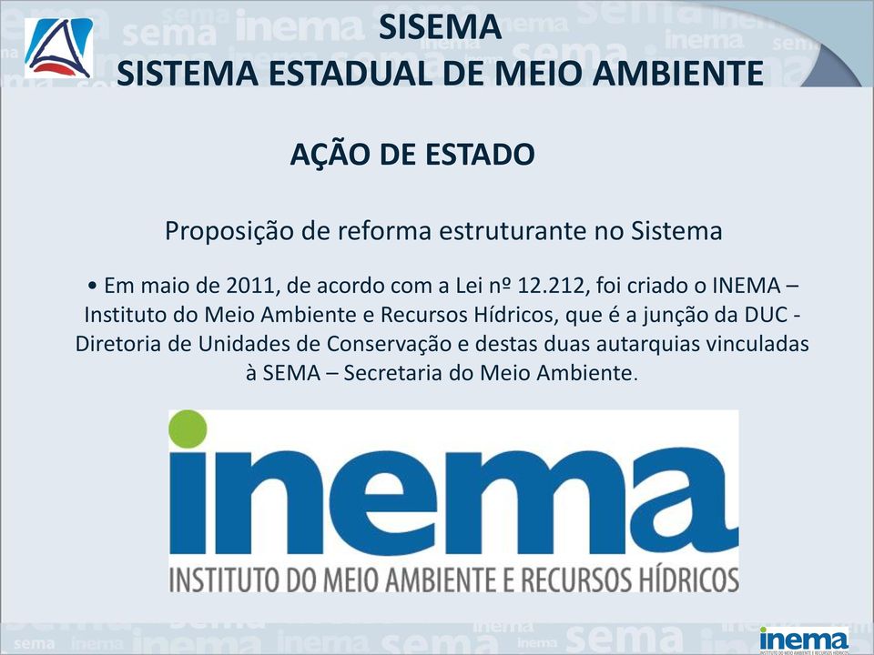 212, foi criado o INEMA Instituto do Meio Ambiente e Recursos Hídricos, que é a junção