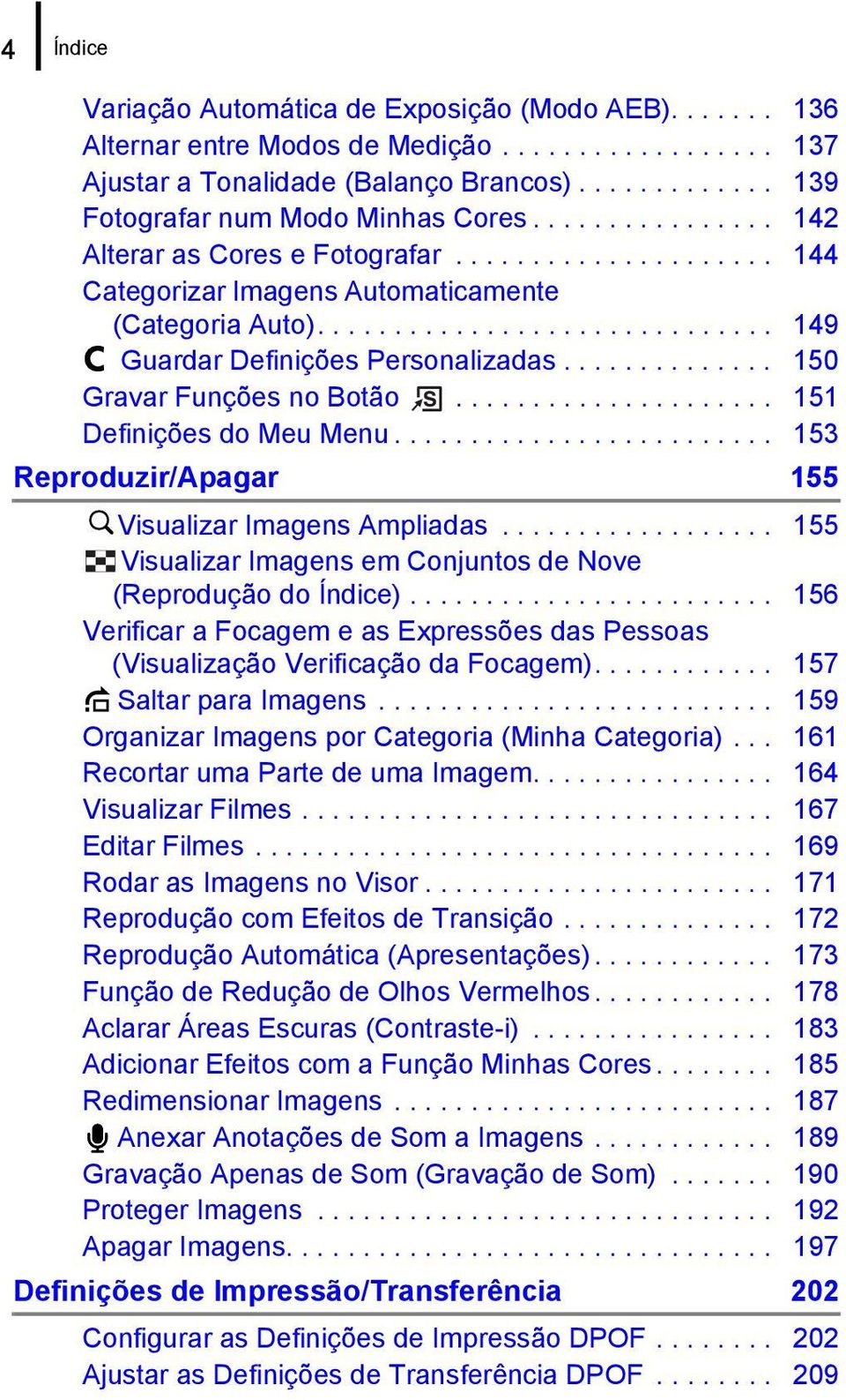 ............. 150 Gravar Funções no Botão..................... 151 Definições do Meu Menu......................... 153 Reproduzir/Apagar 155 Visualizar Imagens Ampliadas.