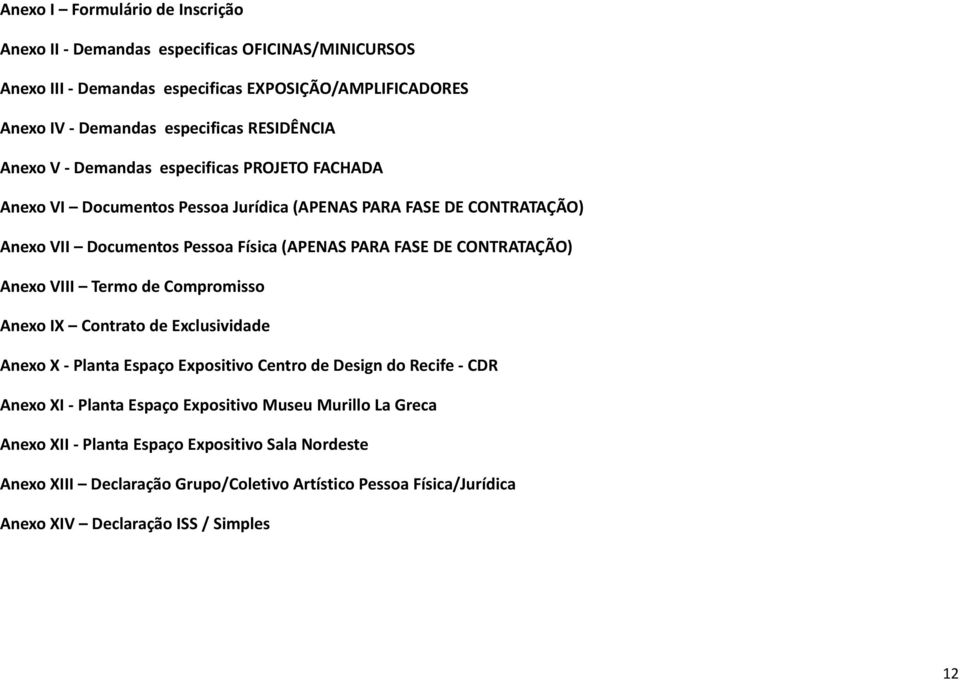 DE CONTRATAÇÃO) Anexo VIII Termo de Compromisso Anexo IX Contrato de Exclusividade Anexo X - Planta Espaço Expositivo Centro de Design do Recife - CDR Anexo XI - Planta Espaço