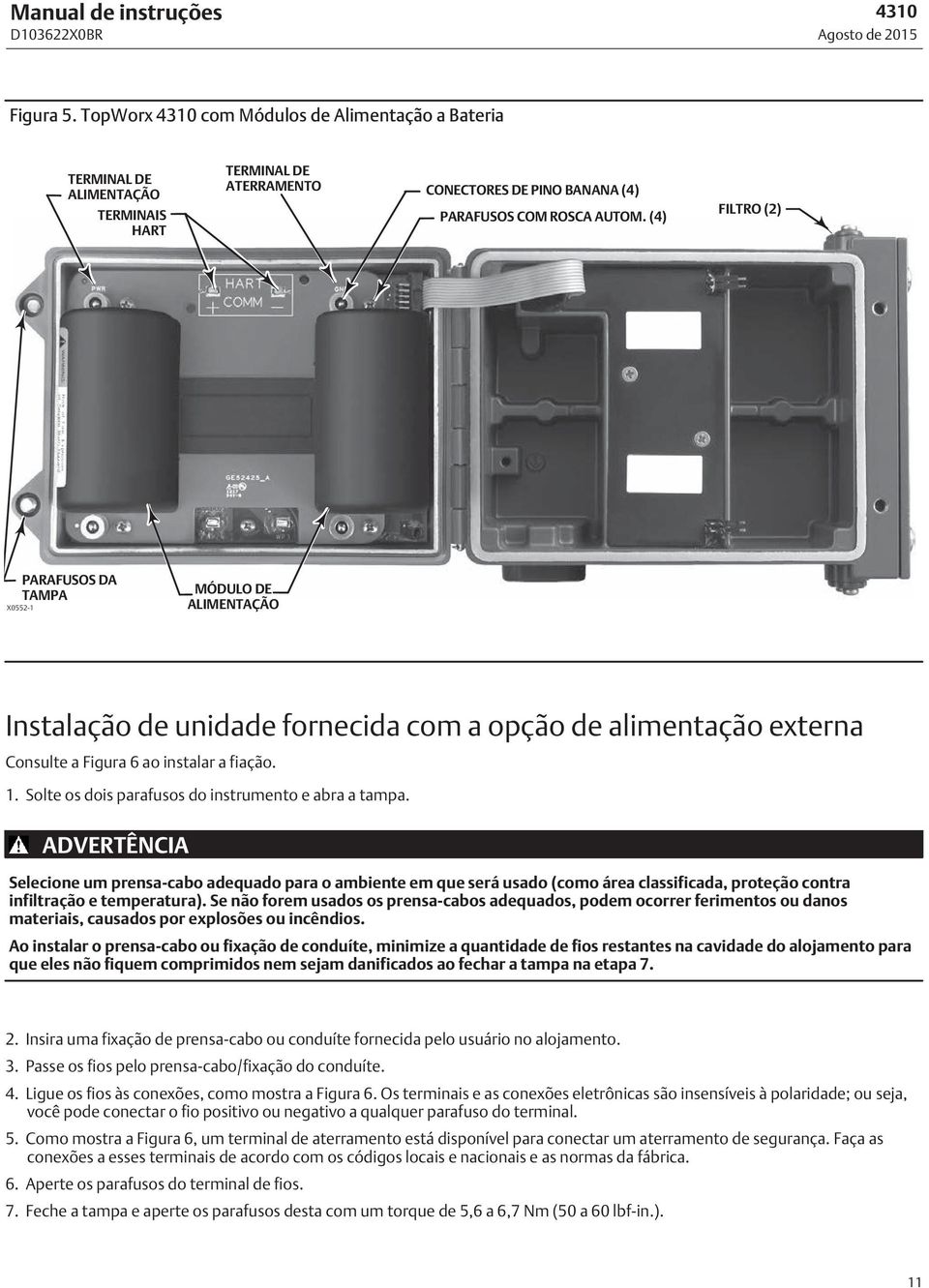 (4) FILTRO (2) PARAFUSOS DA TAMPA X0552-1 MÓDULO DE ALIMENTAÇÃO Instalação de unidade fornecida com a opção de alimentação externa Consulte a Figura 6 ao instalar a fiação. 1.