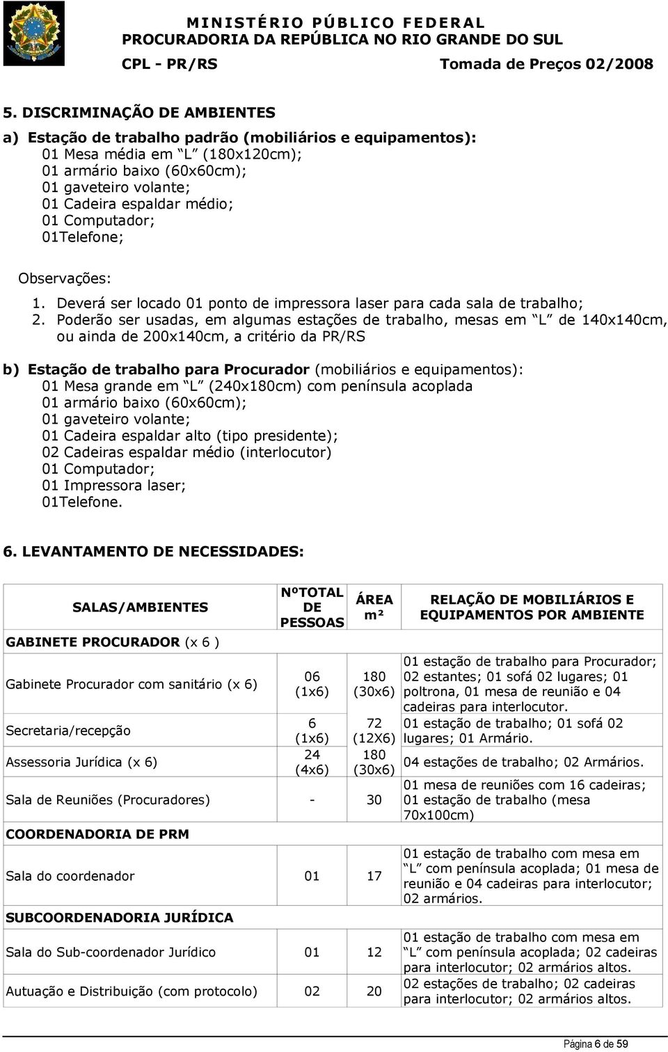 Poderão ser usadas, em algumas estações de trabalho, mesas em L de 140x140cm, ou ainda de 200x140cm, a critério da PR/RS b) Estação de trabalho para Procurador (mobiliários e equipamentos): 01 Mesa