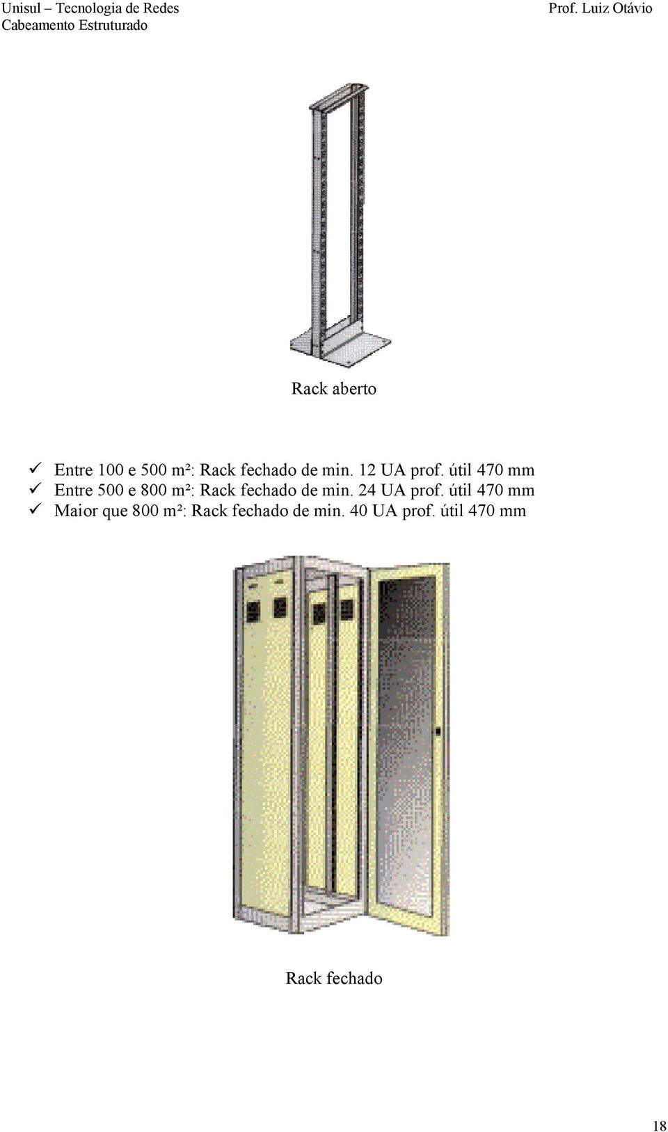 útil 470 mm Entre 500 e 800 m²: Rack fechado de min. 24 UA prof.