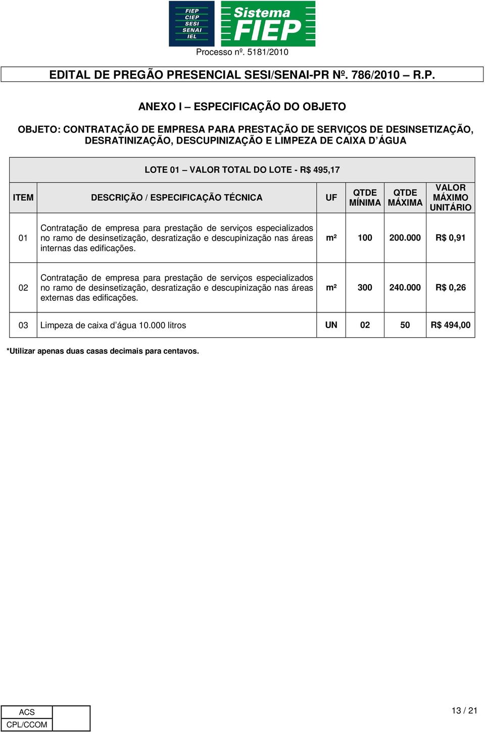 desratização e descupinização nas áreas internas das edificações. m² 100 200.