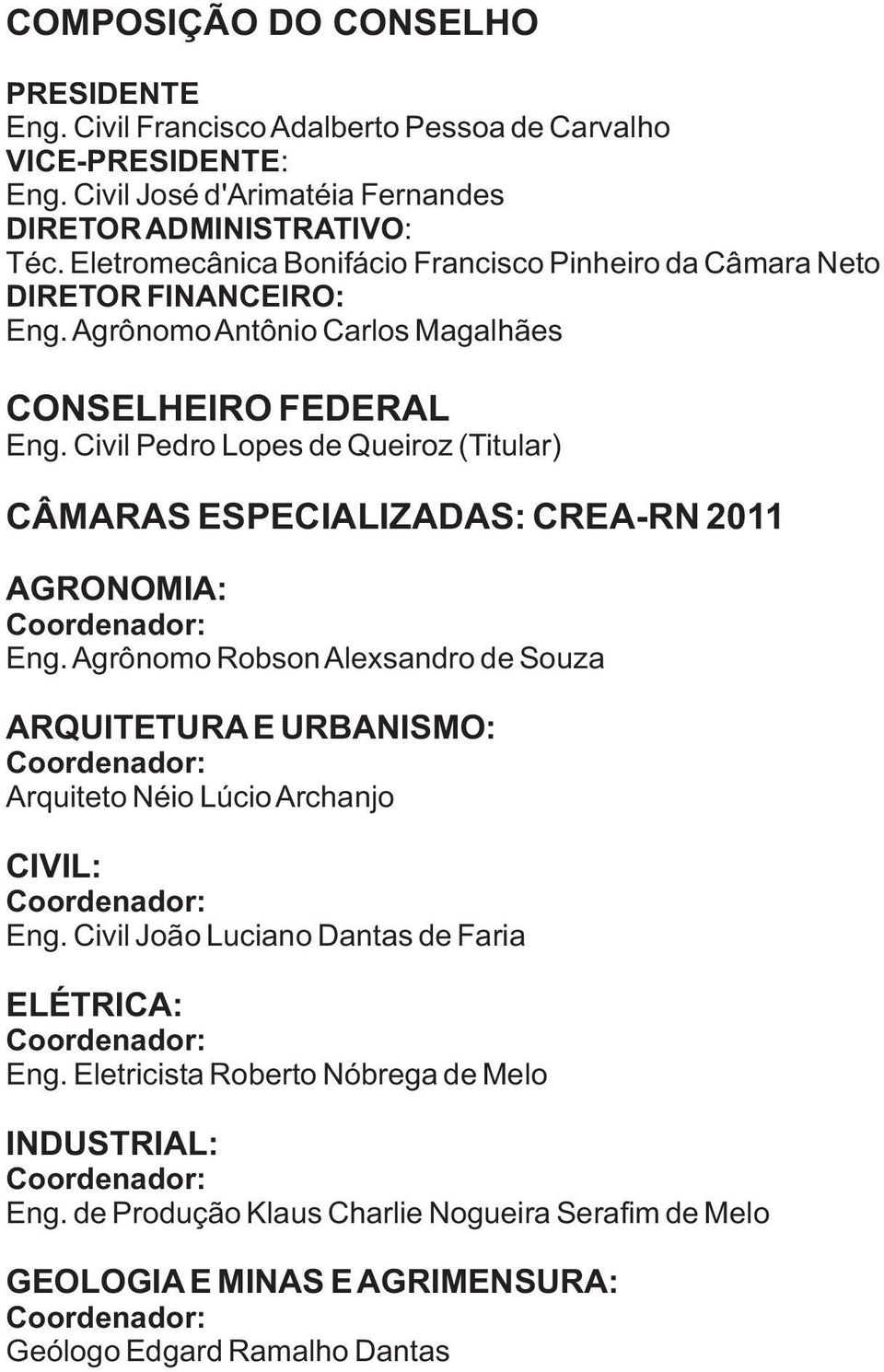 Civil Pedro Lopes de Queiroz (Titular) CÂMARAS ESPECIALIZADAS: CREA-RN 2011 AGRONOMIA: Coordenador: Eng.