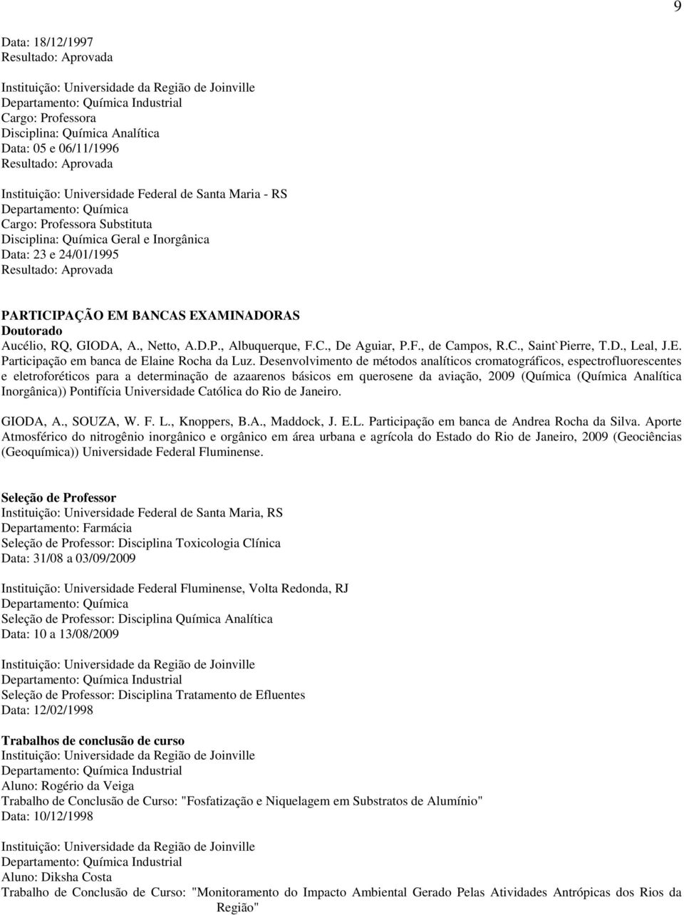 C., De Aguiar, P.F., de Campos, R.C., Saint`Pierre, T.D., Leal, J.E. Participação em banca de Elaine Rocha da Luz.