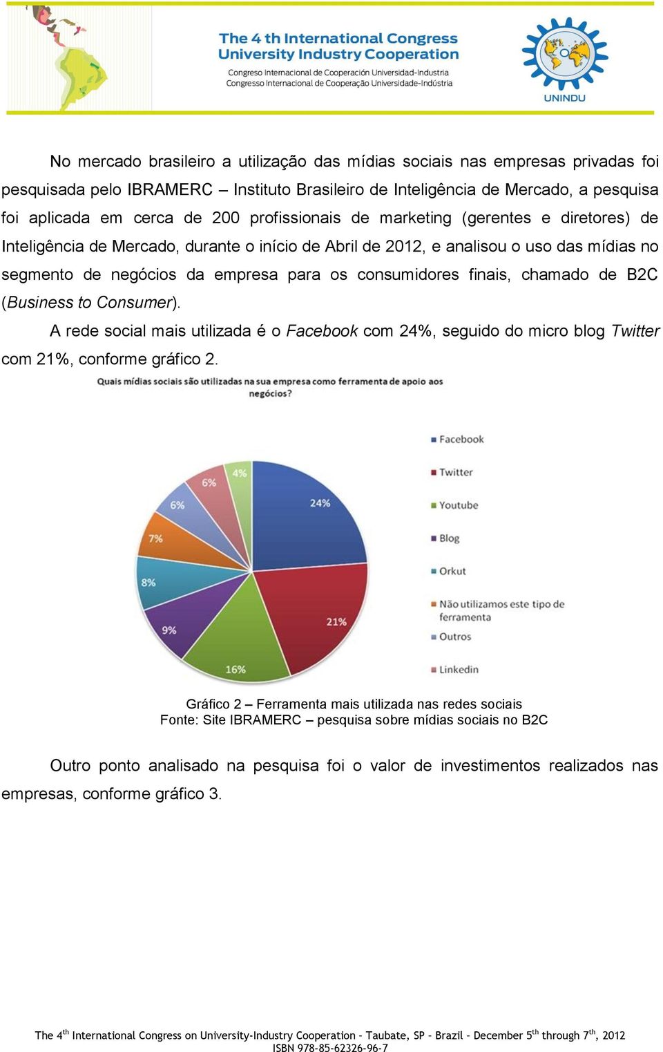 consumidores finais, chamado de B2C (Business to Consumer). A rede social mais utilizada é o Facebook com 24%, seguido do micro blog Twitter com 21%, conforme gráfico 2.