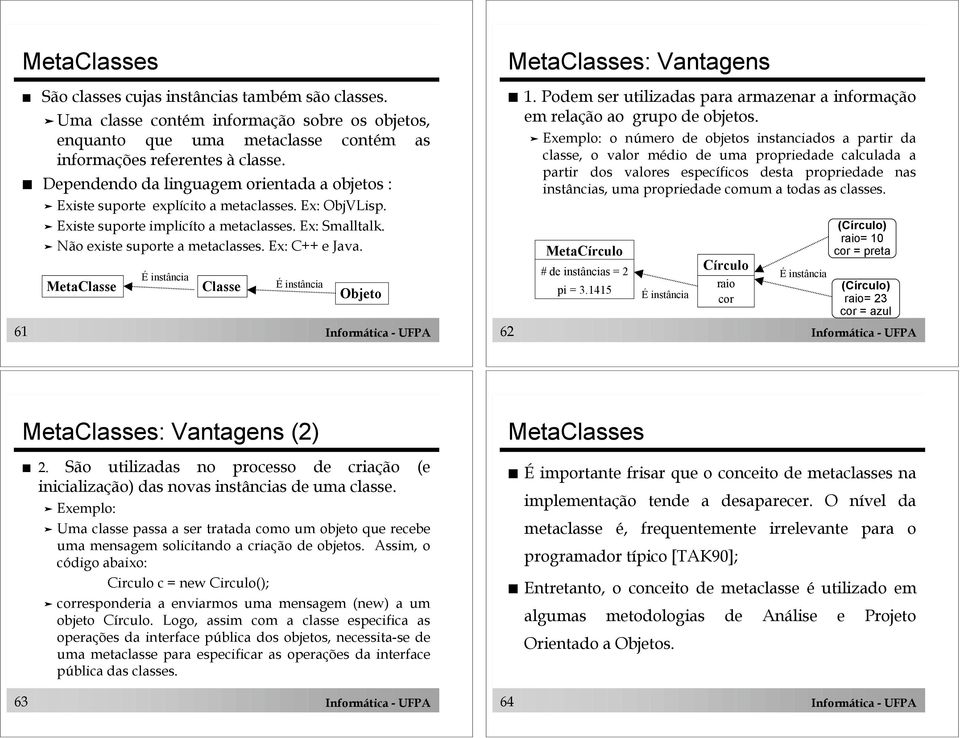 Ex: C++ e Java. MetaClasse É instância Classe É instância Objeto 61 Informática - UFPA MetaClasses: Vantagens! 1. Podem ser utilizadas para armazenar a informação em relação ao grupo de objetos.