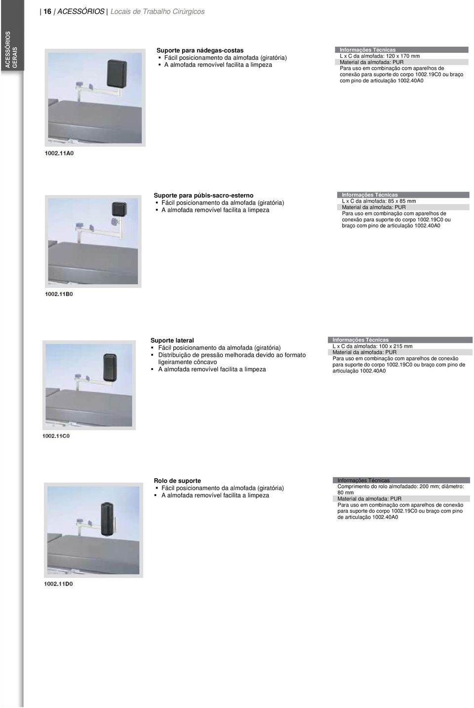 40A0 Suporte para púbis-sacro-esterno Fácil posicionamento da almofada (giratória) A almofada removível facilita a limpeza L x C da almofada: 85 x 85 mm Material 40A0 Suporte lateral Fácil