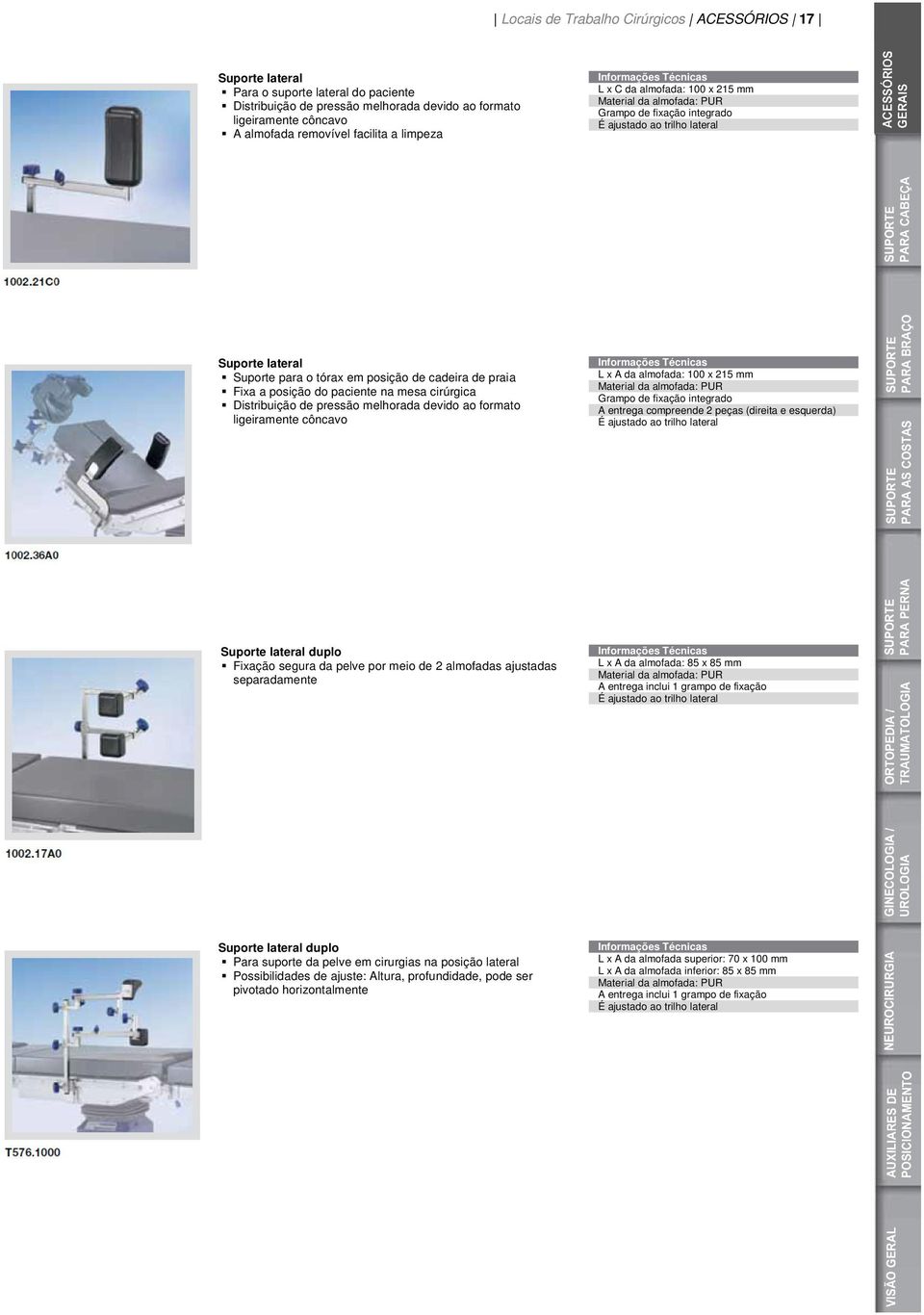 posição do paciente na mesa cirúrgica Distribuição de pressão melhorada devido ao formato ligeiramente côncavo L x A da almofada: 100 x 215 mm Material da almofada: PUR Grampo de fixação integrado A