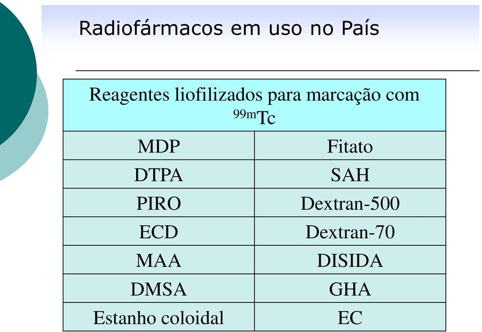 DTPA PIRO ECD MAA DMSA Estanho coloidal