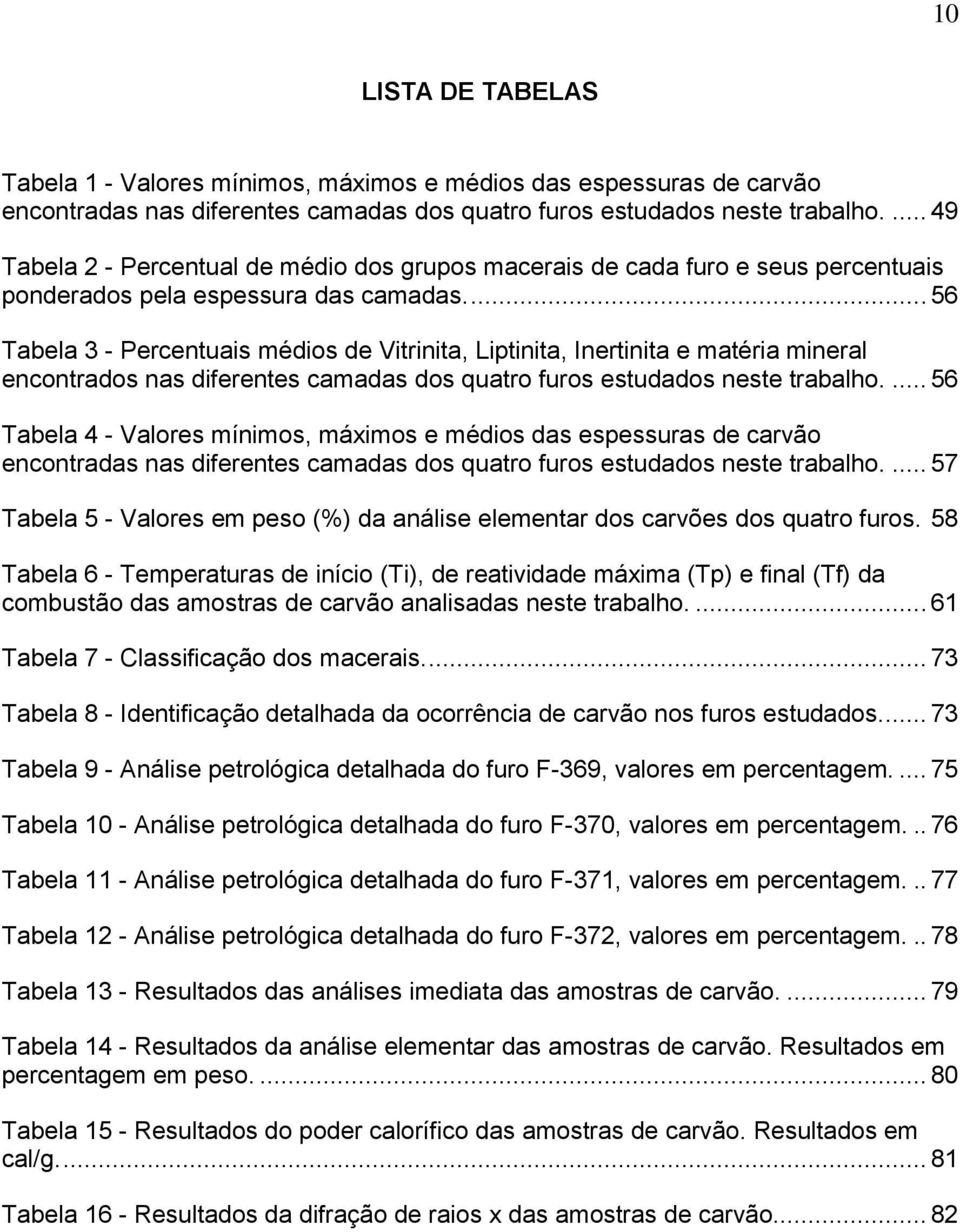 ... 56 Tabela 3 - Percentuais médios de Vitrinita, Liptinita, Inertinita e matéria mineral encontrados nas diferentes camadas dos quatro furos estudados neste trabalho.