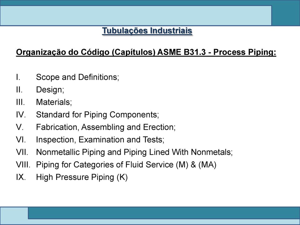 Fabrication, Assembling and Erection; VI. Inspection, Examination and Tests; VII.