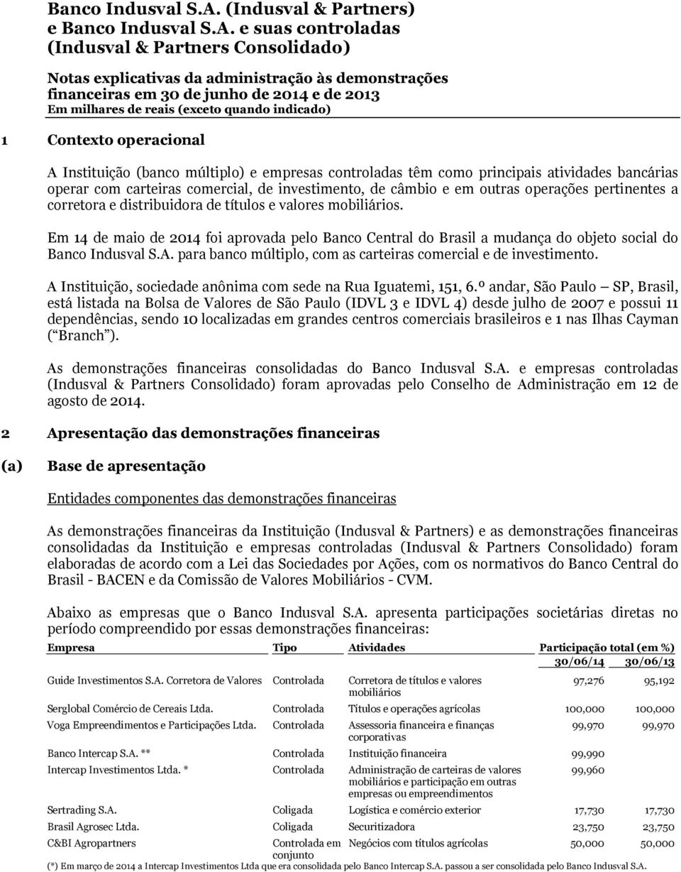 para banco múltiplo, com as carteiras comercial e de investimento. A Instituição, sociedade anônima com sede na Rua Iguatemi, 151, 6.