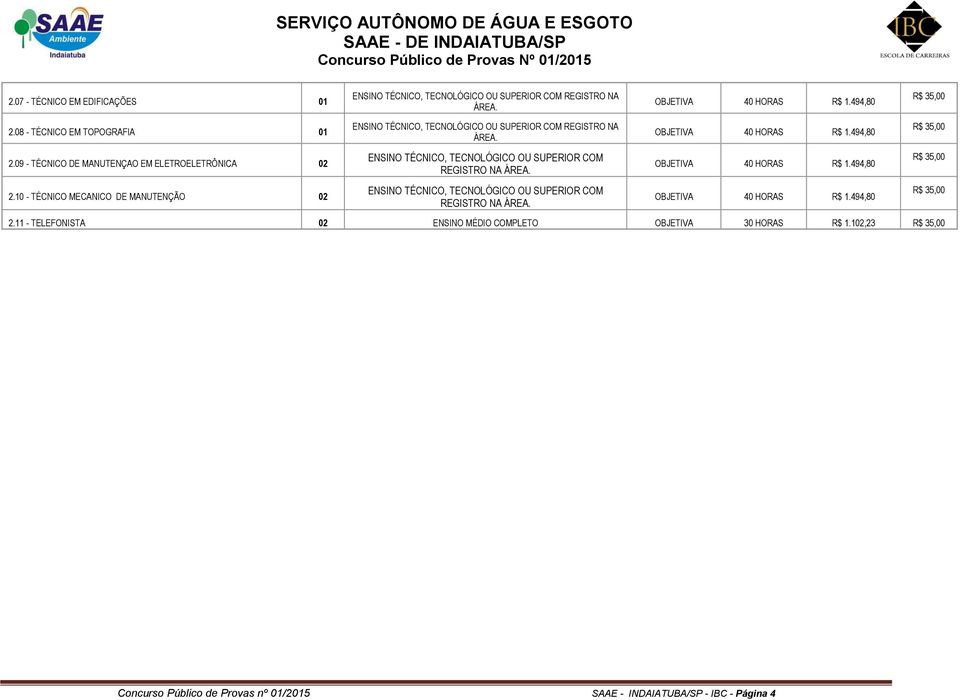 ENSINO TÉCNICO, TECNOLÓGICO OU SUPERIOR COM REGISTRO NA ÁREA. ENSINO TÉCNICO, TECNOLÓGICO OU SUPERIOR COM REGISTRO NA ÁREA. OBJETIVA 40 HORAS R$ 1.494,80 OBJETIVA 40 HORAS R$ 1.