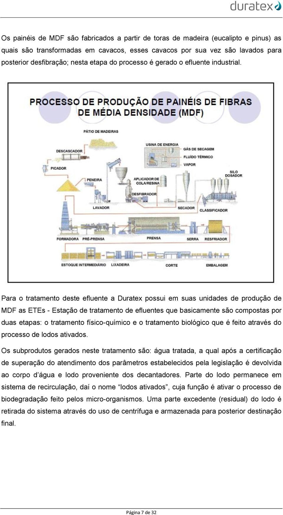 Para o tratamento deste efluente a Duratex possui em suas unidades de produção de MDF as ETEs - Estação de tratamento de efluentes que basicamente são compostas por duas etapas: o tratamento